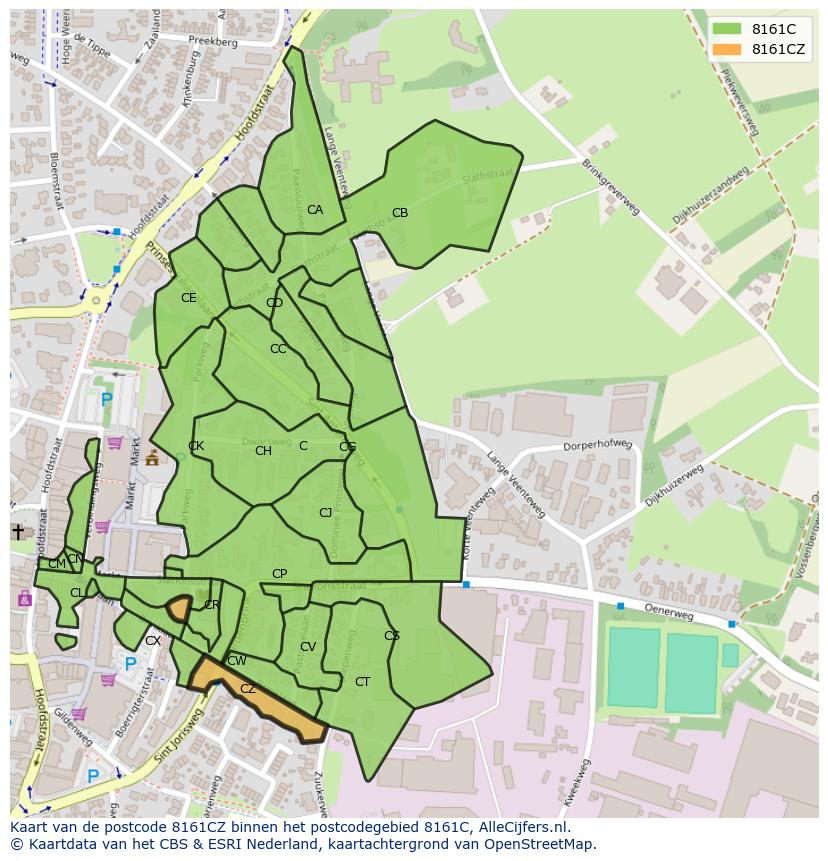 Afbeelding van het postcodegebied 8161 CZ op de kaart.