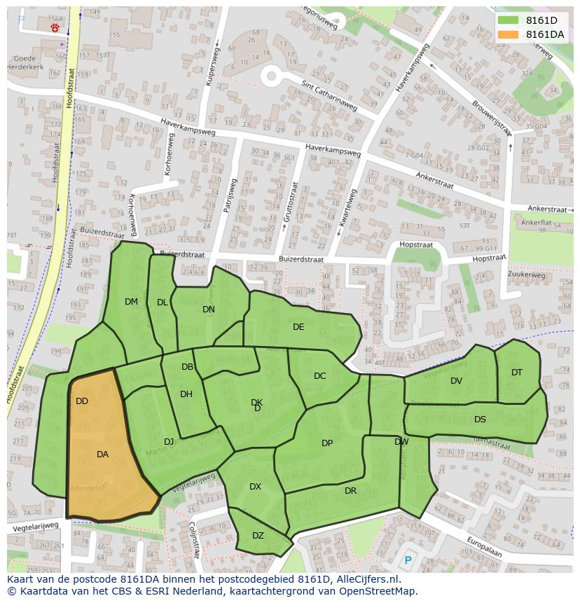 Afbeelding van het postcodegebied 8161 DA op de kaart.