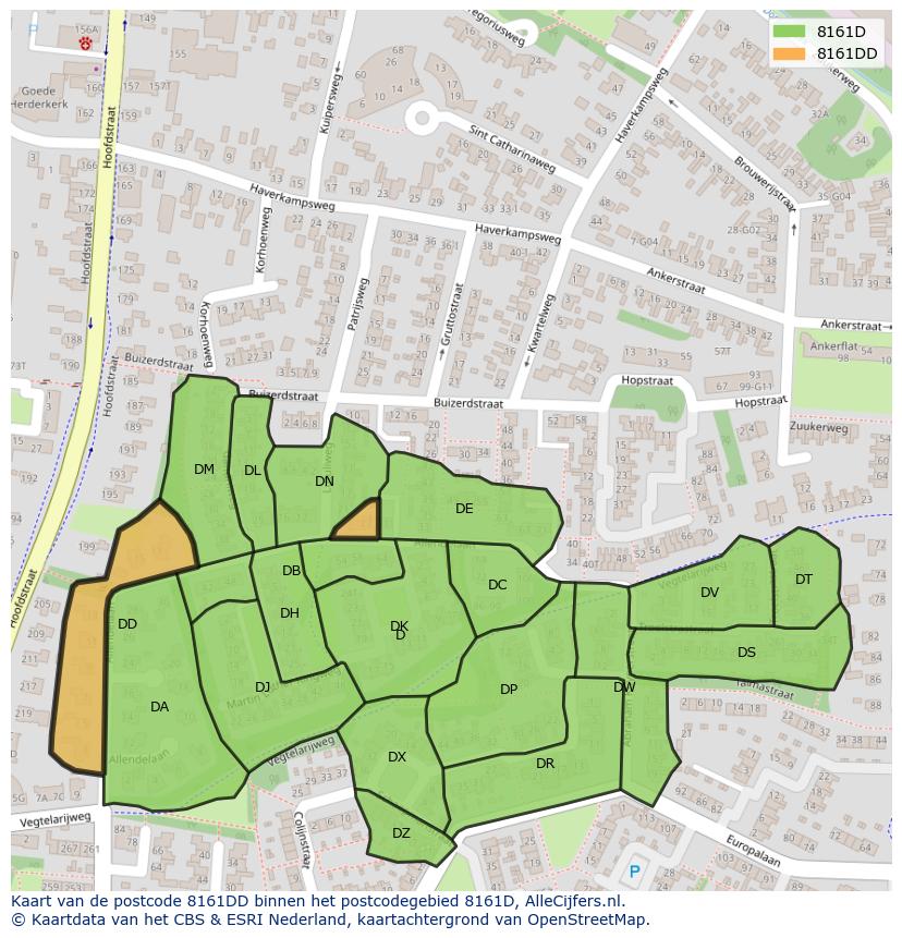 Afbeelding van het postcodegebied 8161 DD op de kaart.