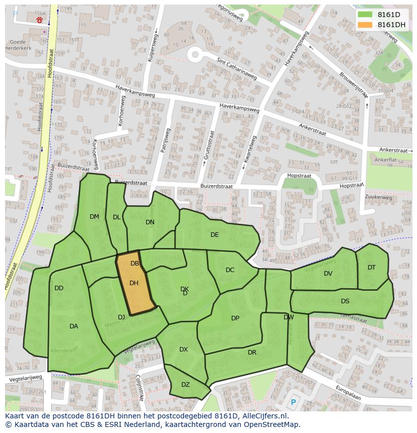 Afbeelding van het postcodegebied 8161 DH op de kaart.