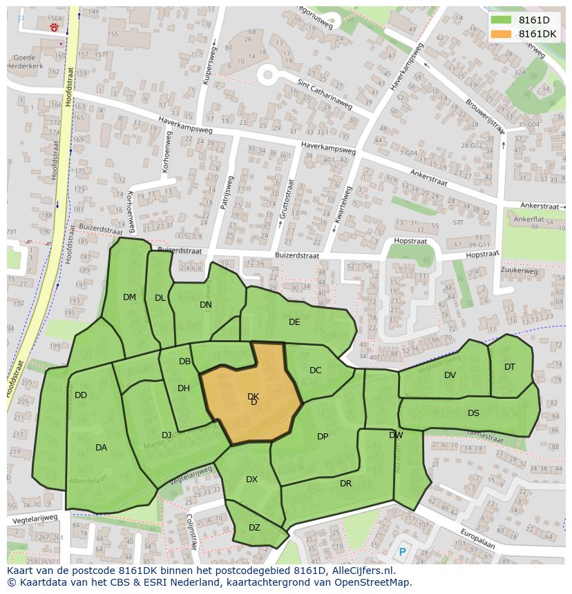Afbeelding van het postcodegebied 8161 DK op de kaart.