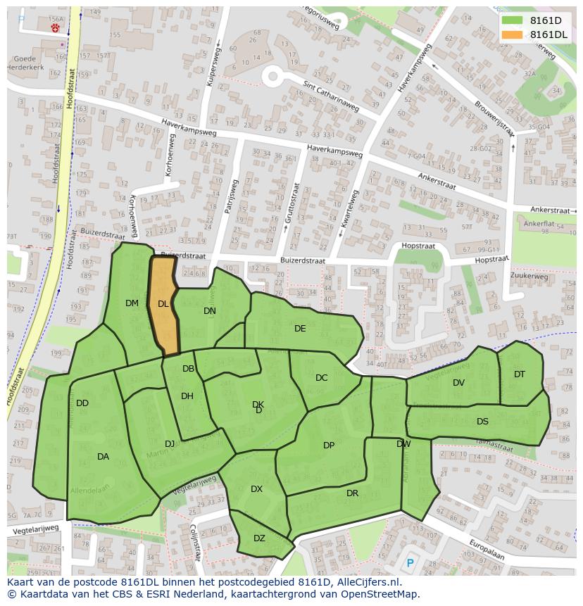 Afbeelding van het postcodegebied 8161 DL op de kaart.
