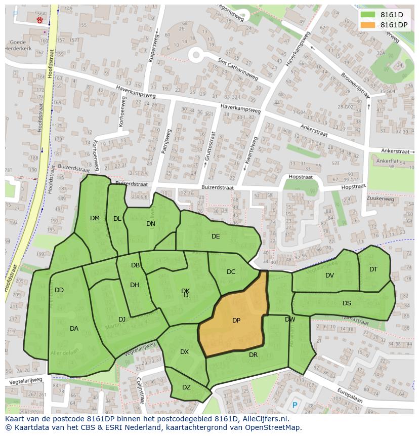 Afbeelding van het postcodegebied 8161 DP op de kaart.