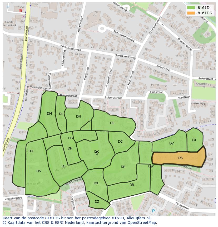 Afbeelding van het postcodegebied 8161 DS op de kaart.