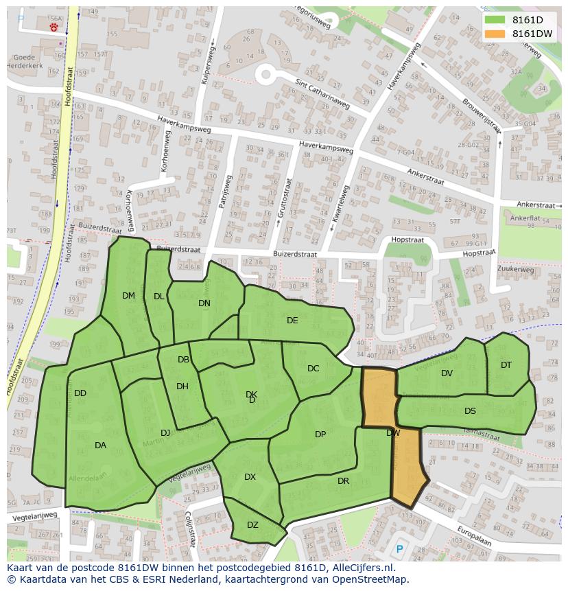 Afbeelding van het postcodegebied 8161 DW op de kaart.