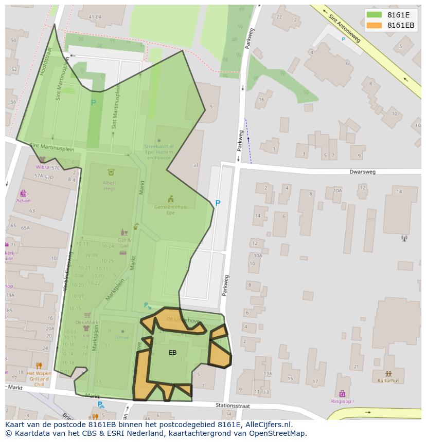 Afbeelding van het postcodegebied 8161 EB op de kaart.