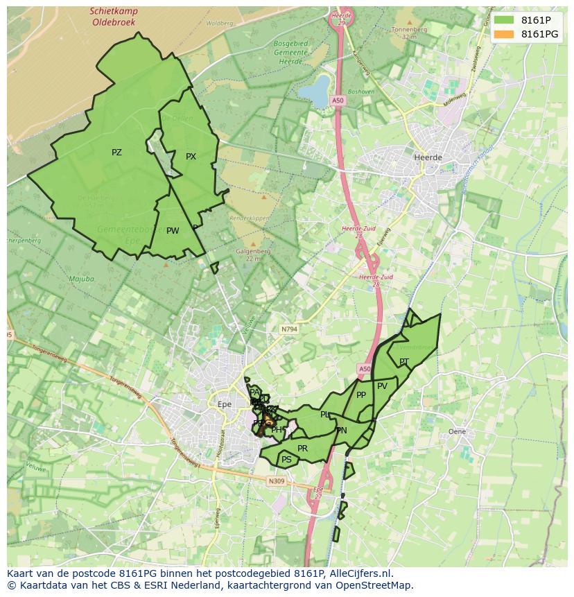 Afbeelding van het postcodegebied 8161 PG op de kaart.