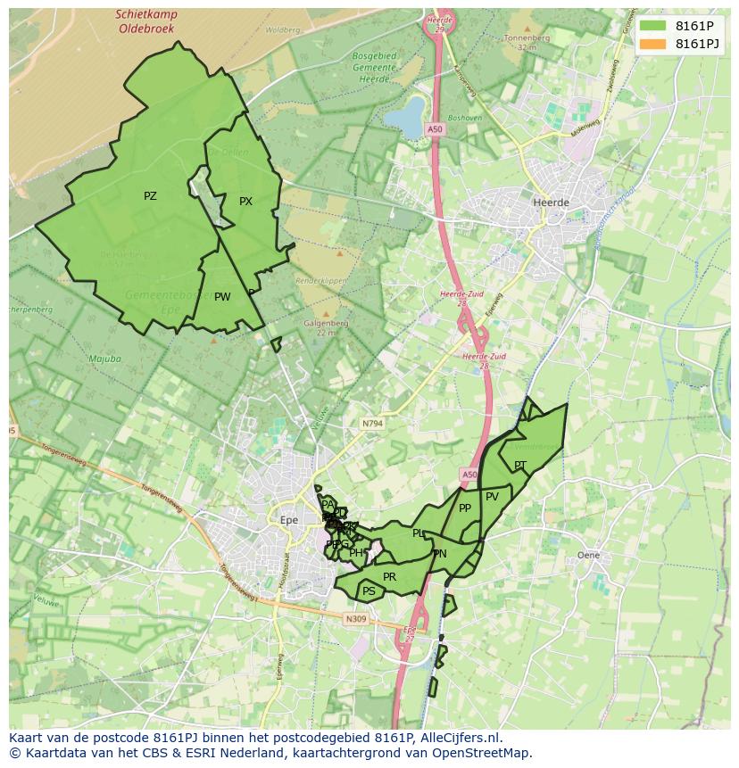 Afbeelding van het postcodegebied 8161 PJ op de kaart.