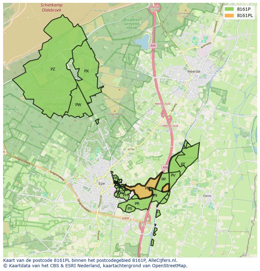 Afbeelding van het postcodegebied 8161 PL op de kaart.