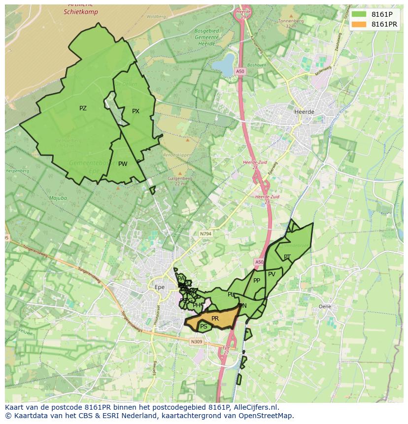 Afbeelding van het postcodegebied 8161 PR op de kaart.
