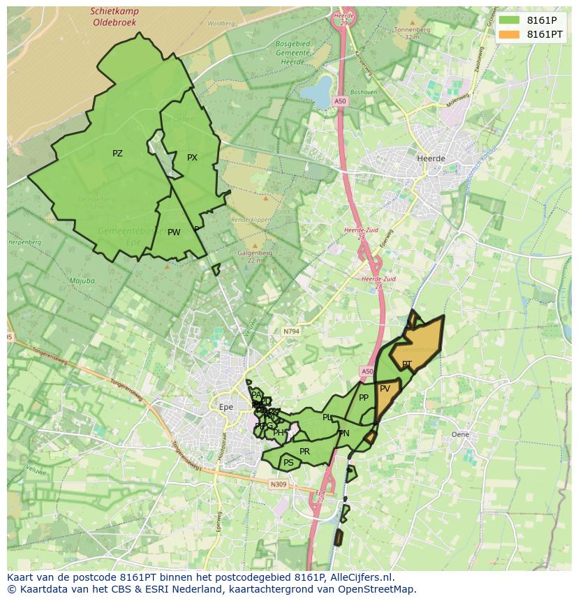Afbeelding van het postcodegebied 8161 PT op de kaart.
