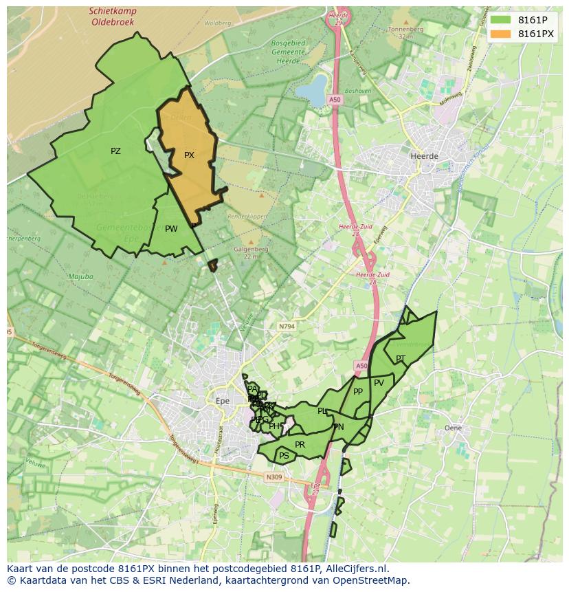 Afbeelding van het postcodegebied 8161 PX op de kaart.