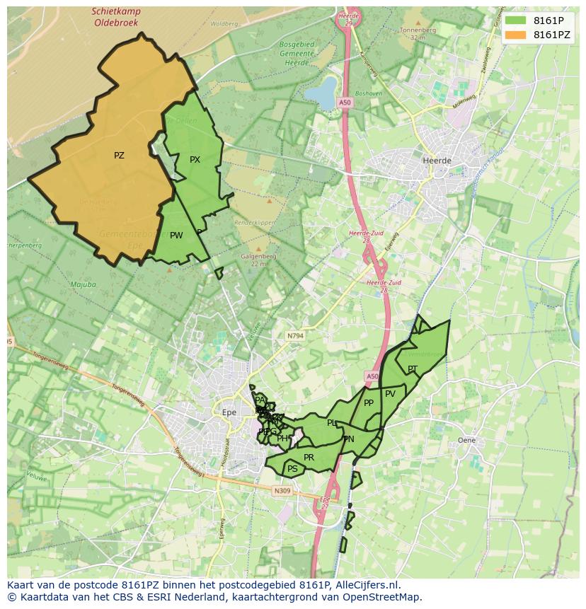 Afbeelding van het postcodegebied 8161 PZ op de kaart.