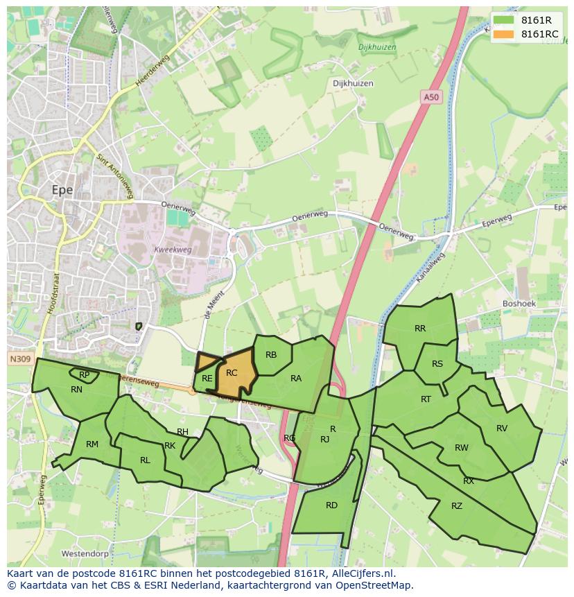 Afbeelding van het postcodegebied 8161 RC op de kaart.