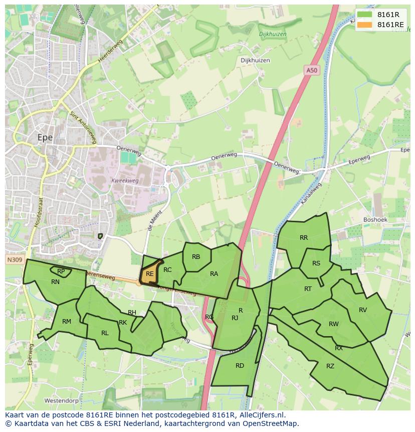Afbeelding van het postcodegebied 8161 RE op de kaart.