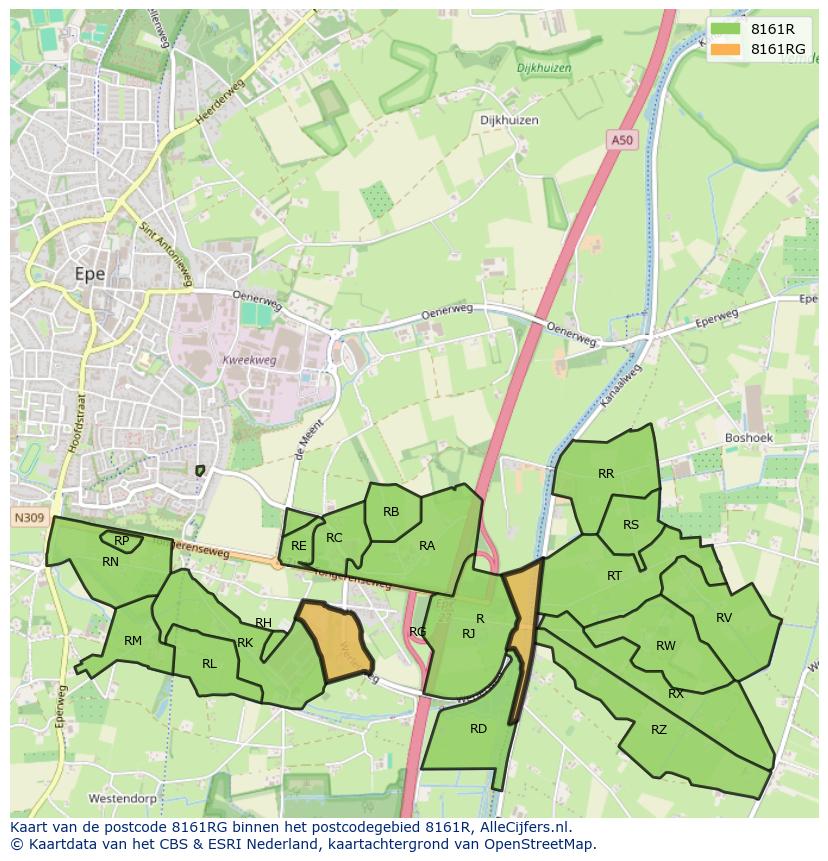 Afbeelding van het postcodegebied 8161 RG op de kaart.