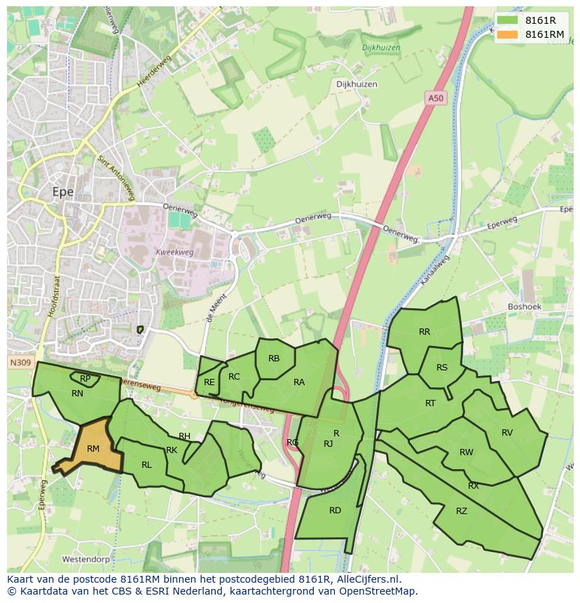 Afbeelding van het postcodegebied 8161 RM op de kaart.