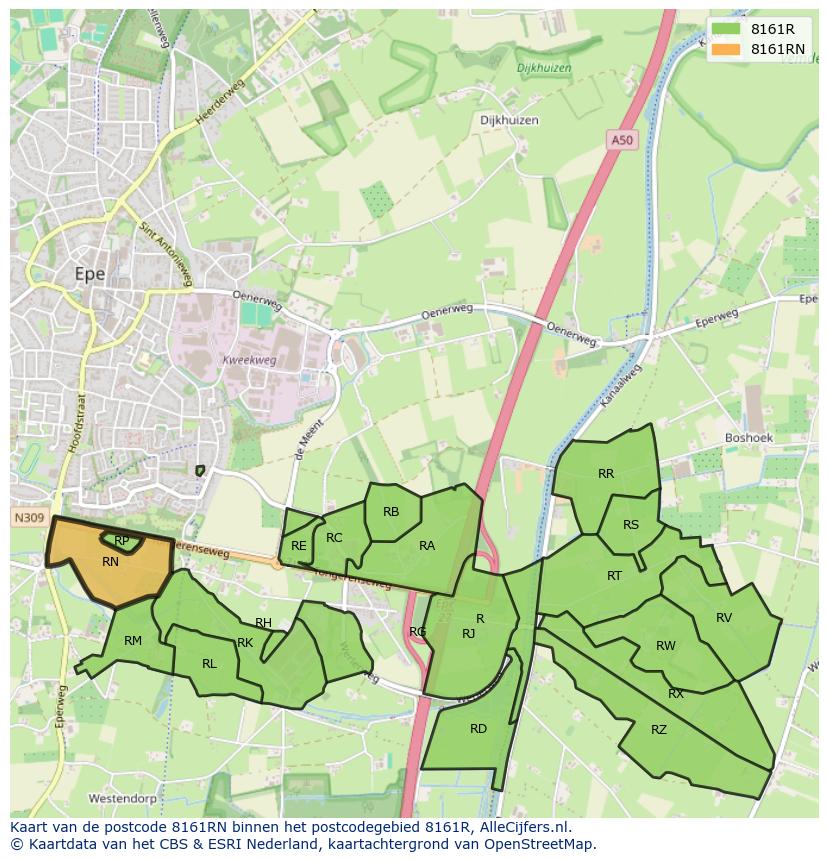 Afbeelding van het postcodegebied 8161 RN op de kaart.