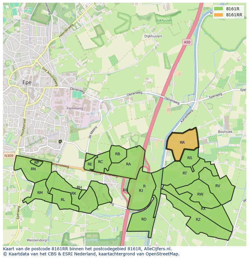Afbeelding van het postcodegebied 8161 RR op de kaart.