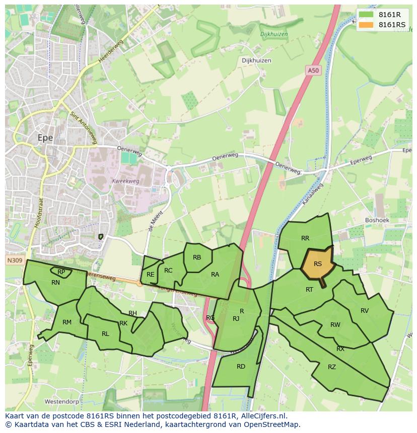 Afbeelding van het postcodegebied 8161 RS op de kaart.
