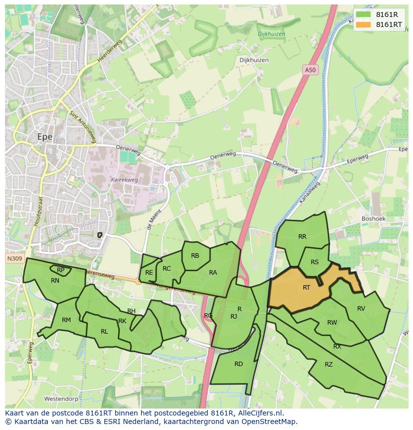Afbeelding van het postcodegebied 8161 RT op de kaart.