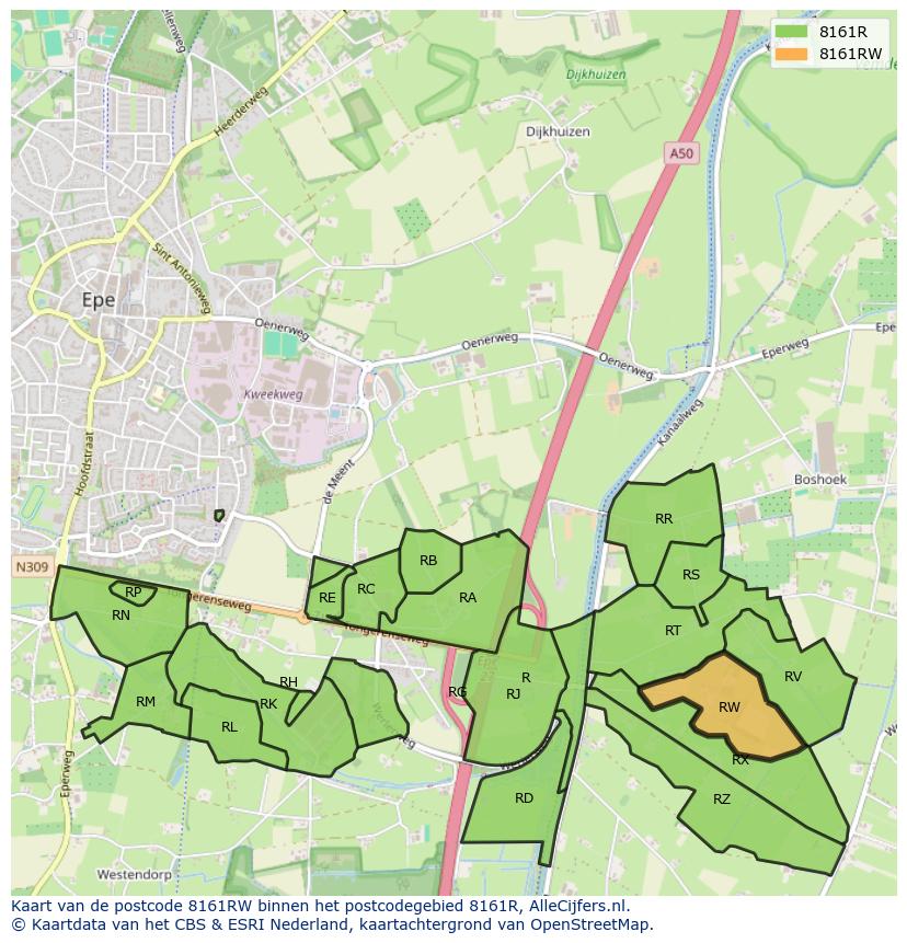 Afbeelding van het postcodegebied 8161 RW op de kaart.