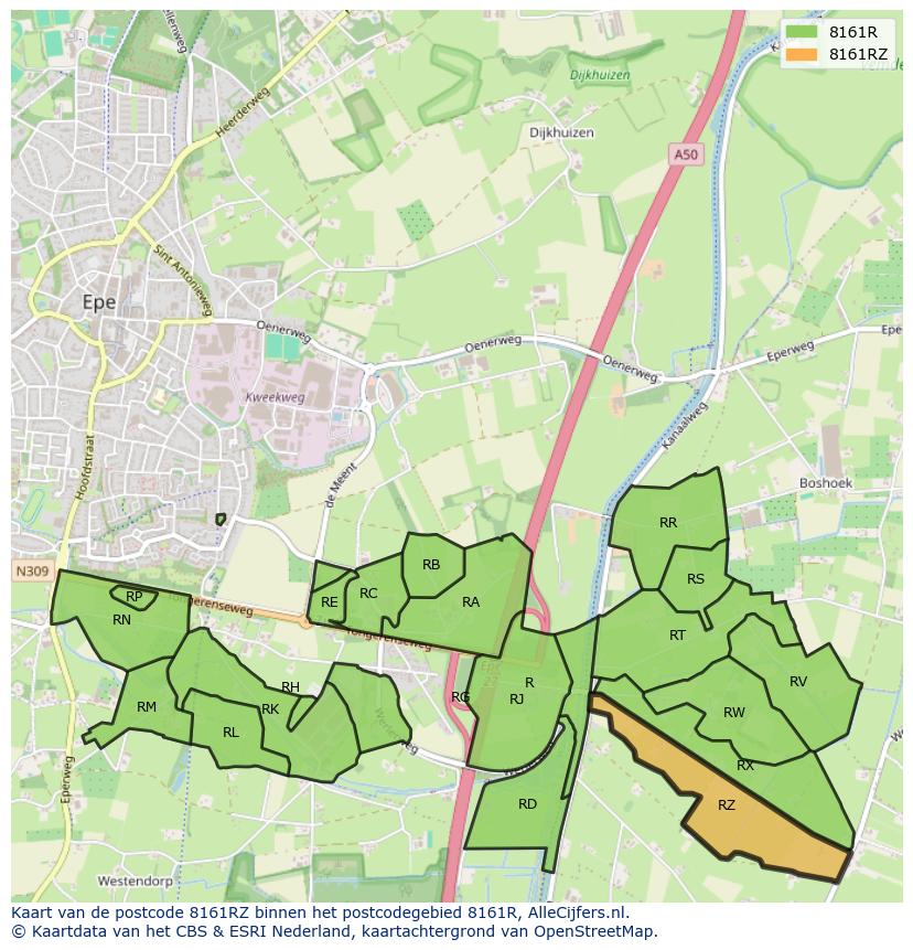 Afbeelding van het postcodegebied 8161 RZ op de kaart.