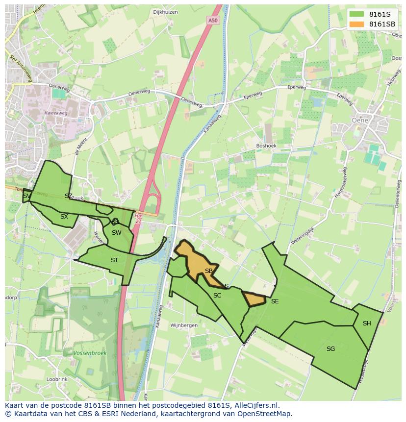 Afbeelding van het postcodegebied 8161 SB op de kaart.