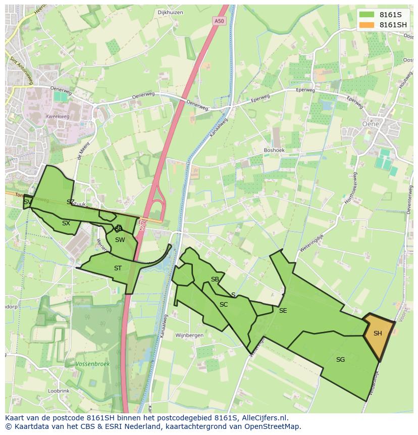 Afbeelding van het postcodegebied 8161 SH op de kaart.