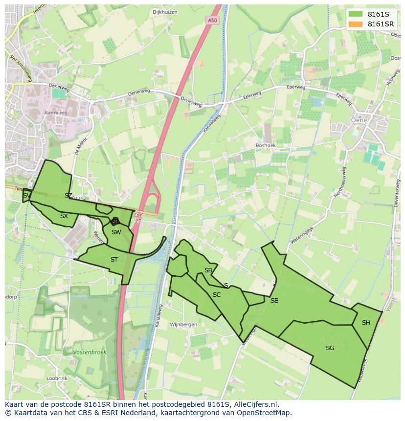 Afbeelding van het postcodegebied 8161 SR op de kaart.