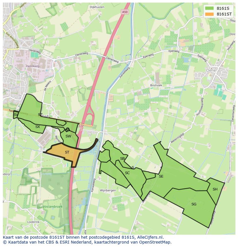 Afbeelding van het postcodegebied 8161 ST op de kaart.