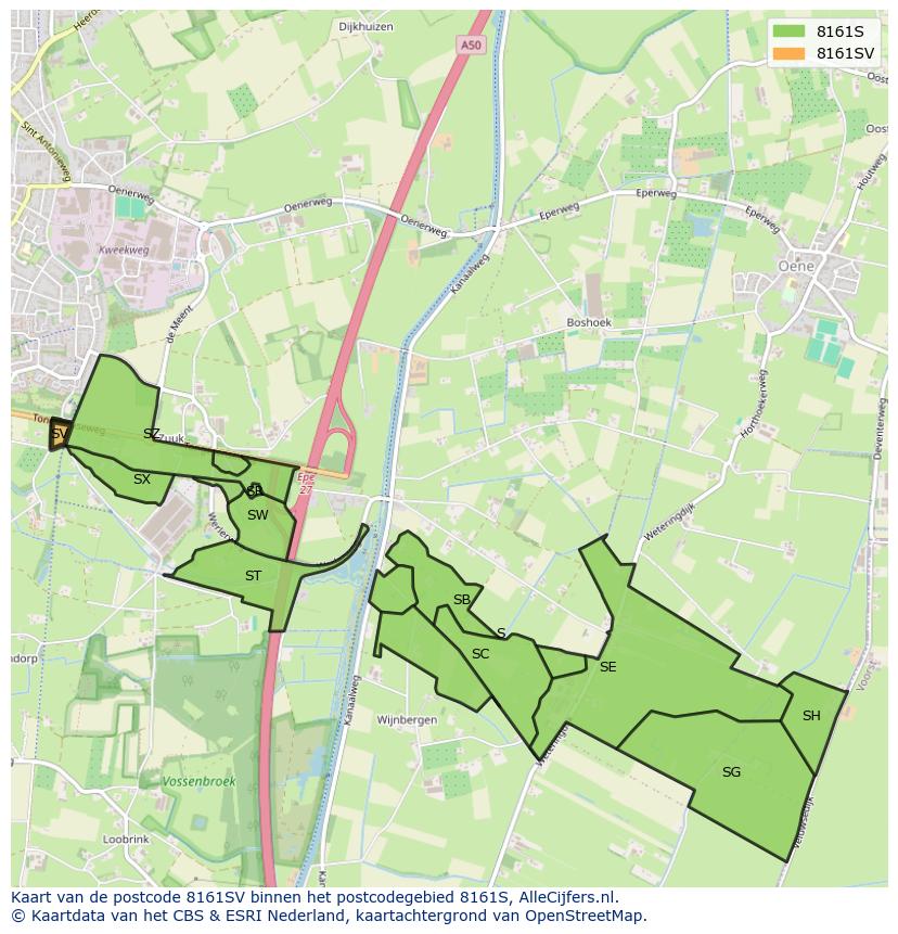 Afbeelding van het postcodegebied 8161 SV op de kaart.