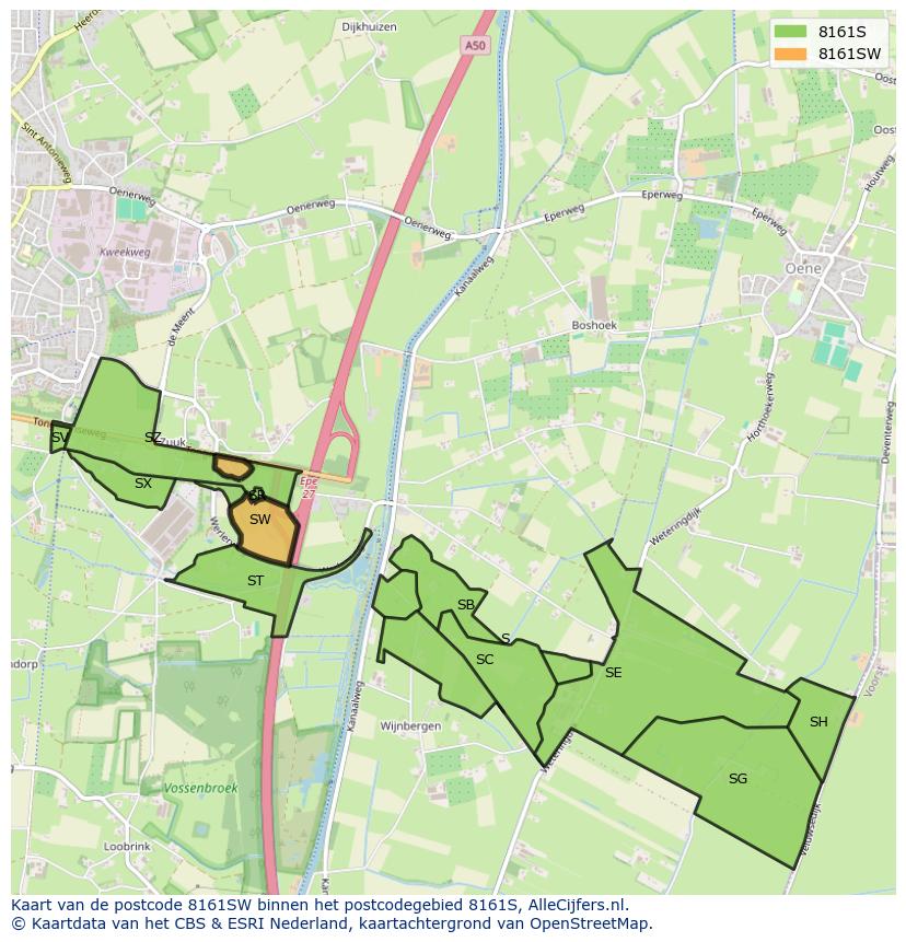 Afbeelding van het postcodegebied 8161 SW op de kaart.