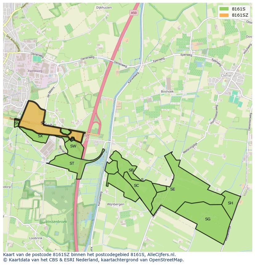 Afbeelding van het postcodegebied 8161 SZ op de kaart.