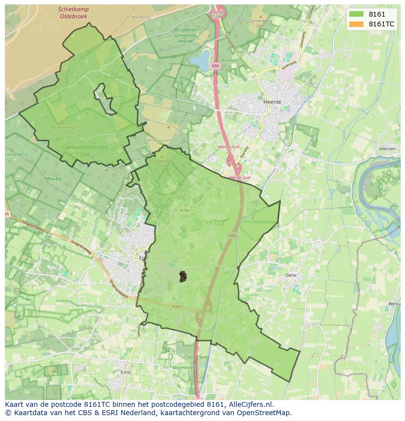 Afbeelding van het postcodegebied 8161 TC op de kaart.