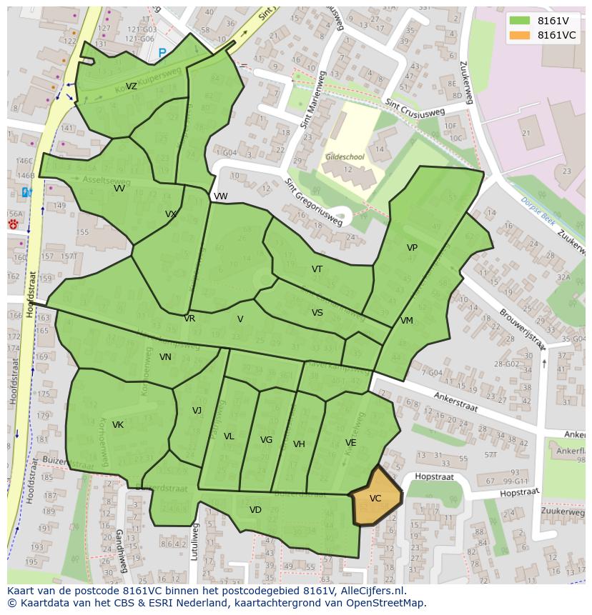 Afbeelding van het postcodegebied 8161 VC op de kaart.