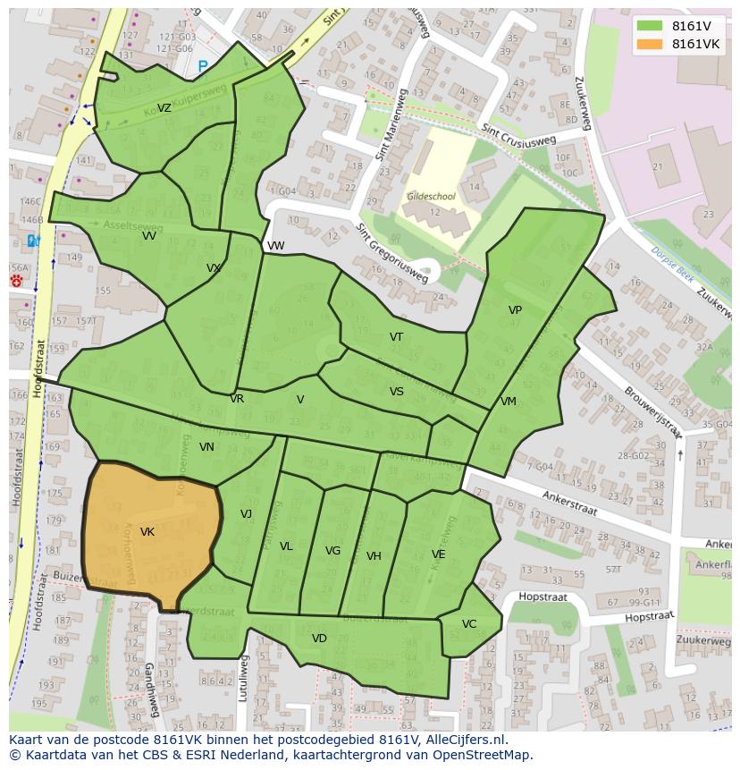 Afbeelding van het postcodegebied 8161 VK op de kaart.