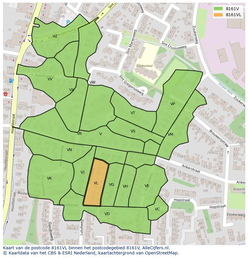 Afbeelding van het postcodegebied 8161 VL op de kaart.