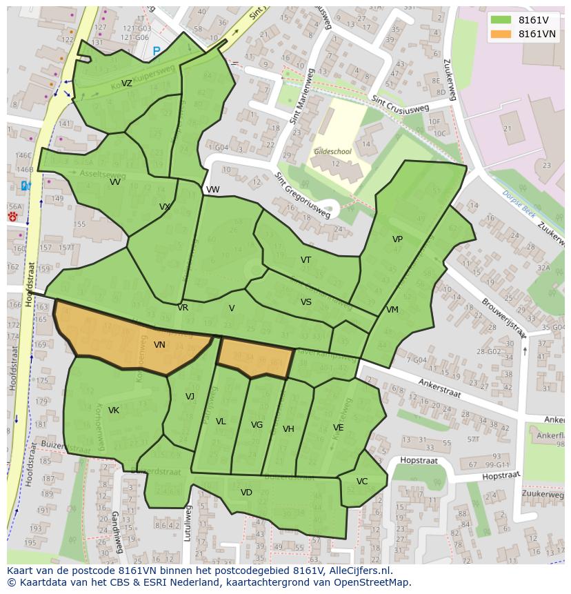 Afbeelding van het postcodegebied 8161 VN op de kaart.