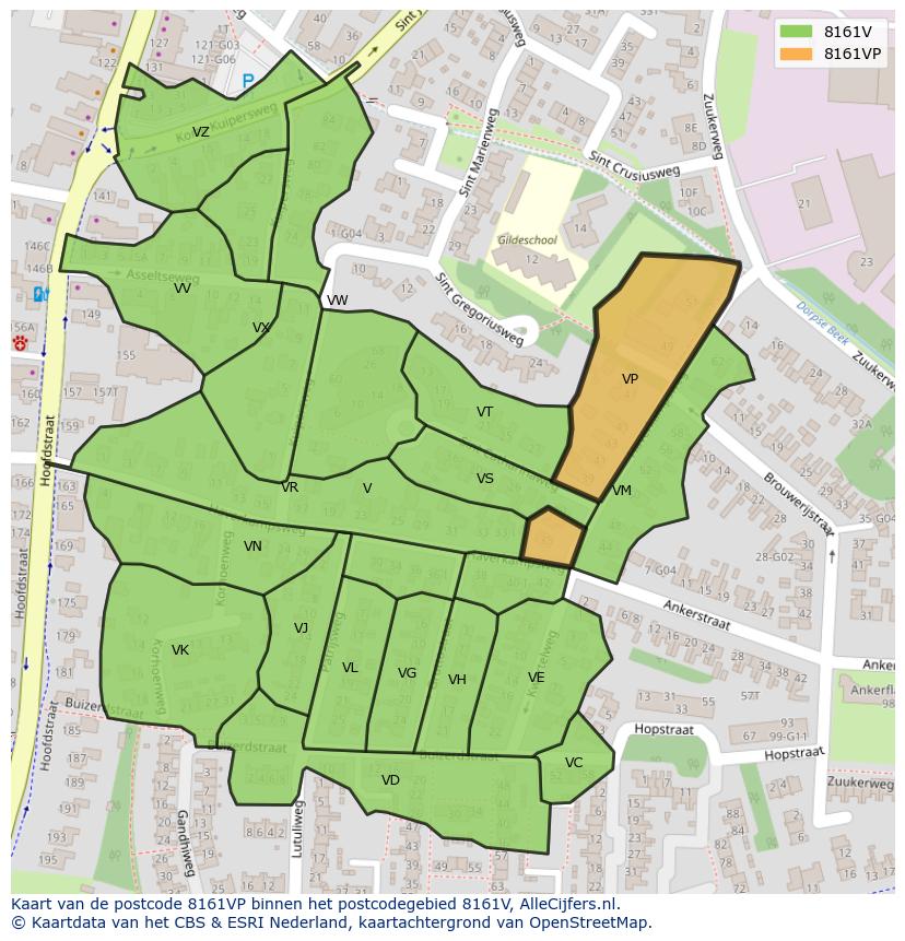Afbeelding van het postcodegebied 8161 VP op de kaart.