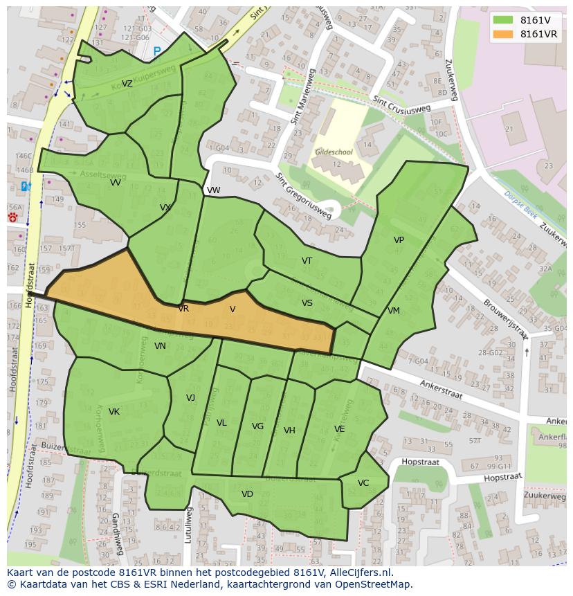 Afbeelding van het postcodegebied 8161 VR op de kaart.