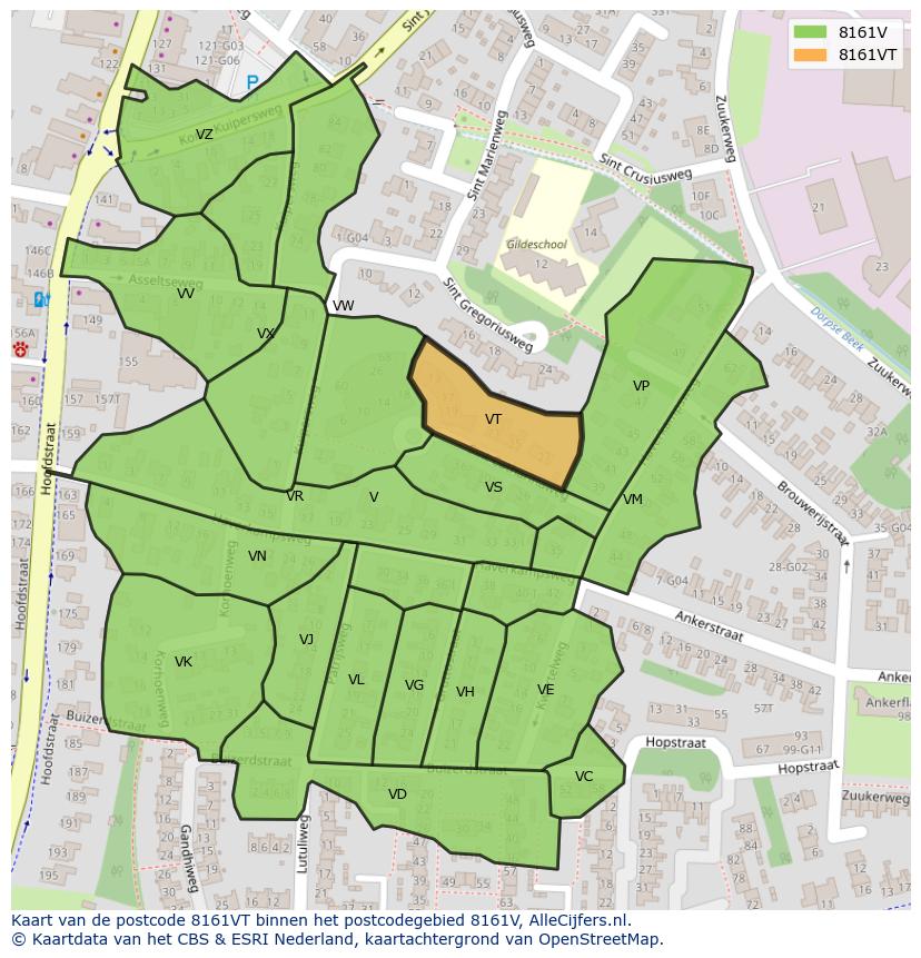 Afbeelding van het postcodegebied 8161 VT op de kaart.
