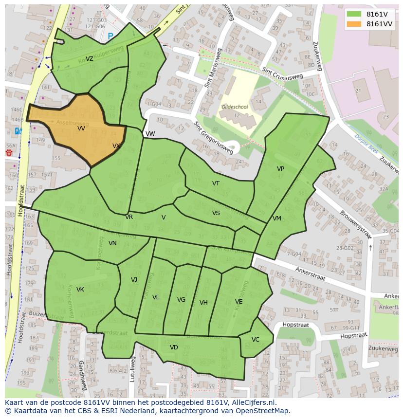 Afbeelding van het postcodegebied 8161 VV op de kaart.