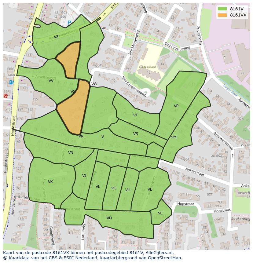 Afbeelding van het postcodegebied 8161 VX op de kaart.