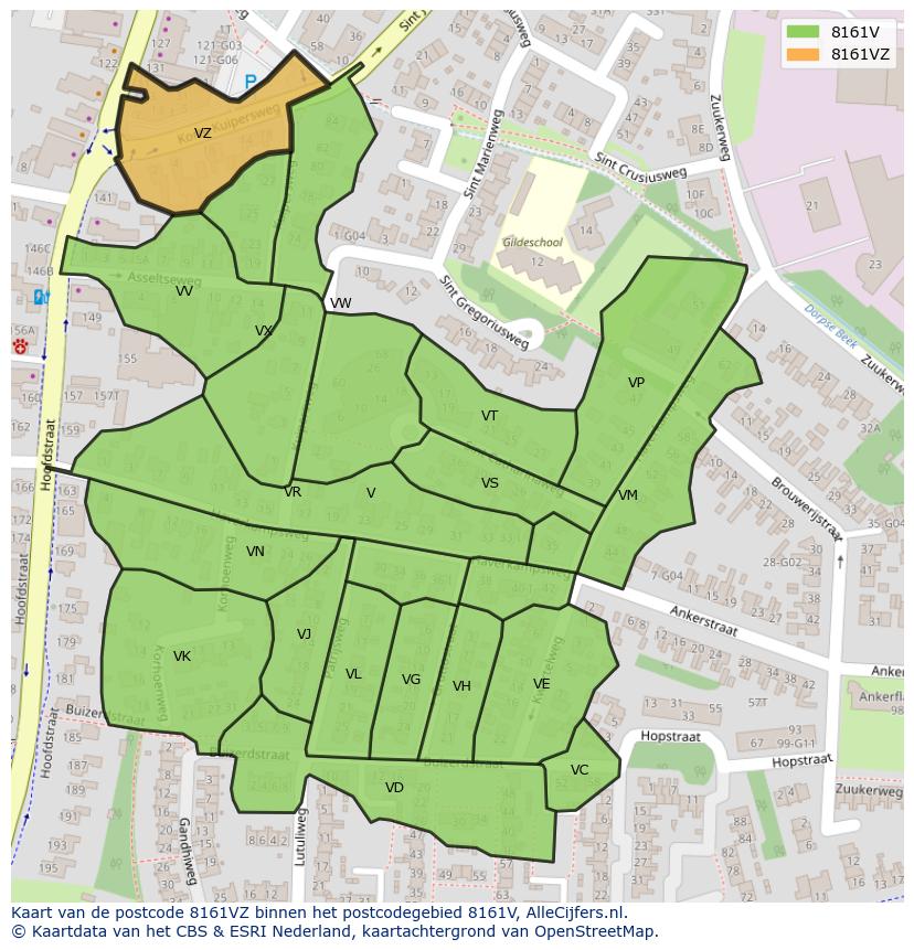 Afbeelding van het postcodegebied 8161 VZ op de kaart.