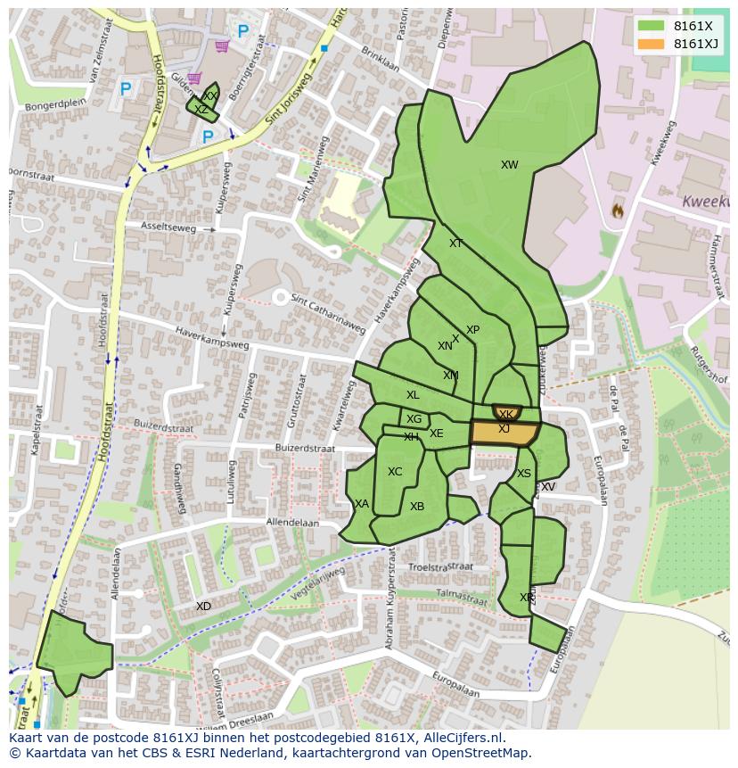 Afbeelding van het postcodegebied 8161 XJ op de kaart.
