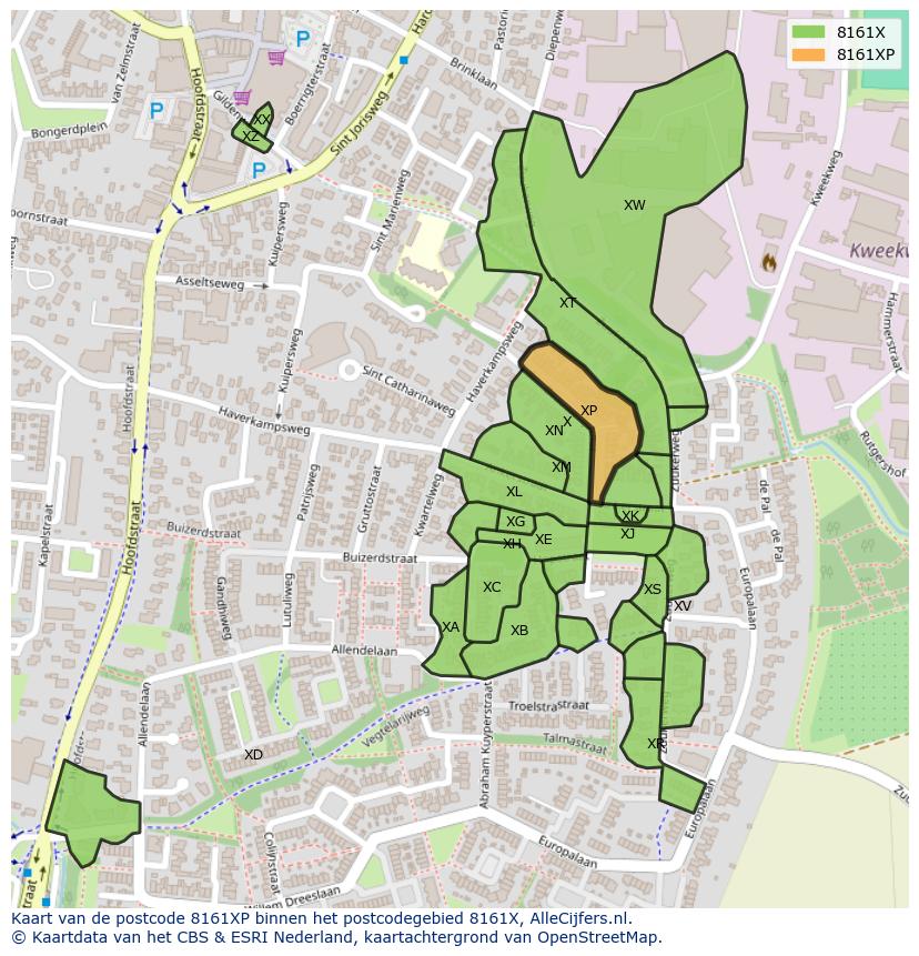 Afbeelding van het postcodegebied 8161 XP op de kaart.