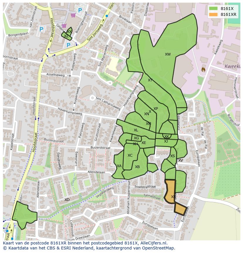 Afbeelding van het postcodegebied 8161 XR op de kaart.