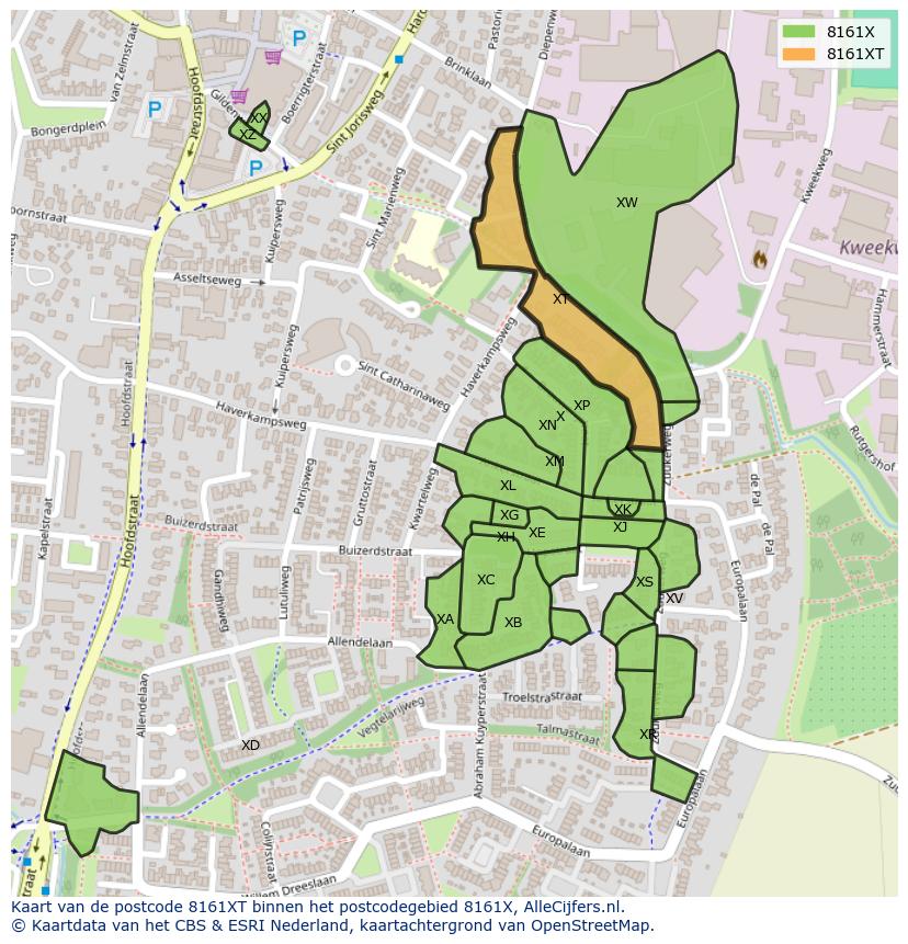 Afbeelding van het postcodegebied 8161 XT op de kaart.