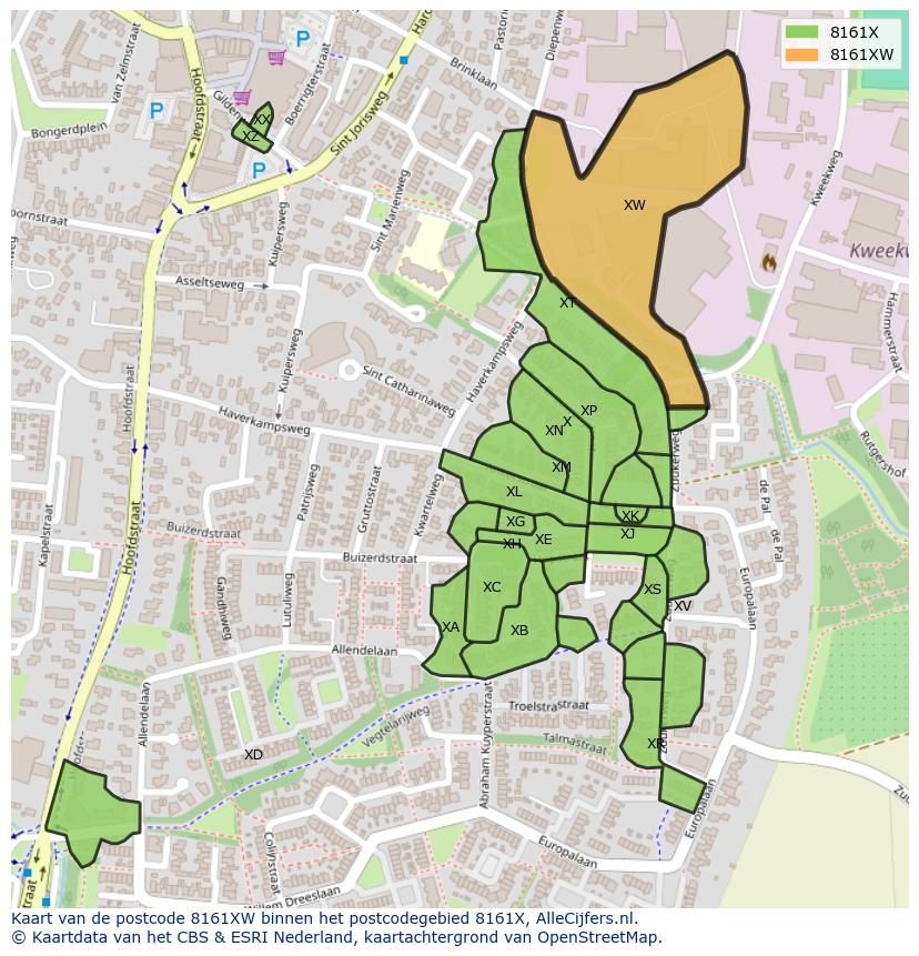 Afbeelding van het postcodegebied 8161 XW op de kaart.